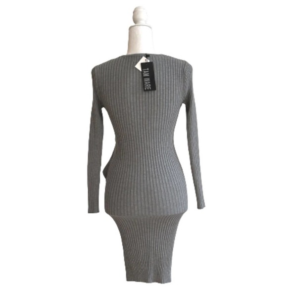 Tam Ware Dress Gray Ribbed Knit V Neck Long Sleeve Sweater Bodycon Dress Small - Picture 5 of 12